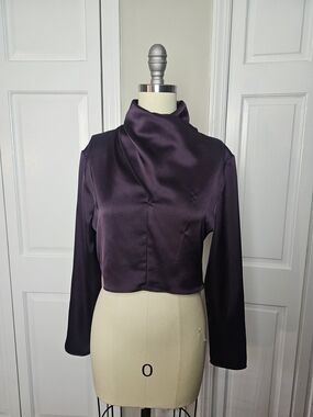 NEW! Zara Satin Cropped High-Neck Blouse in Deep Plum Size Small